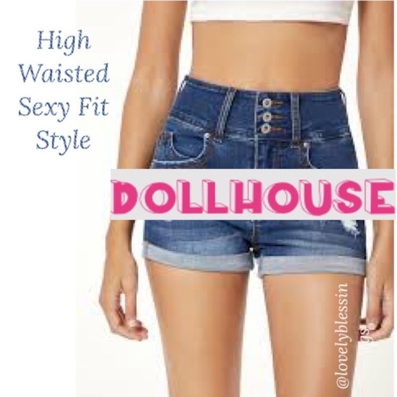 High Rise Blue Jean Shorts Denim Cuffed Hem 3 Button Cute Sexy Fit Dollhouse - Picture 16 of 16